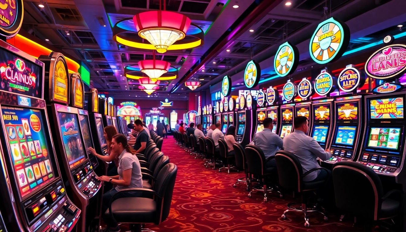 Engaging scene of players enjoying slot gambling in a lively casino atmosphere with vibrant machines.