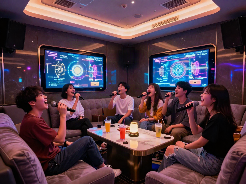 강남 달리는토끼 고급 가라오케 룸의 스타일리시한 내부와 친구들이 노래를 부르는 행복한 모습