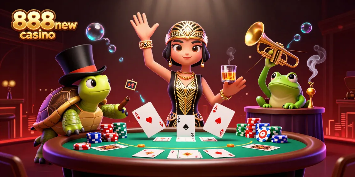 Experience thrilling poker action at 888new casino with a lively cartoon scene, vibrant characters, and rich gaming elements.