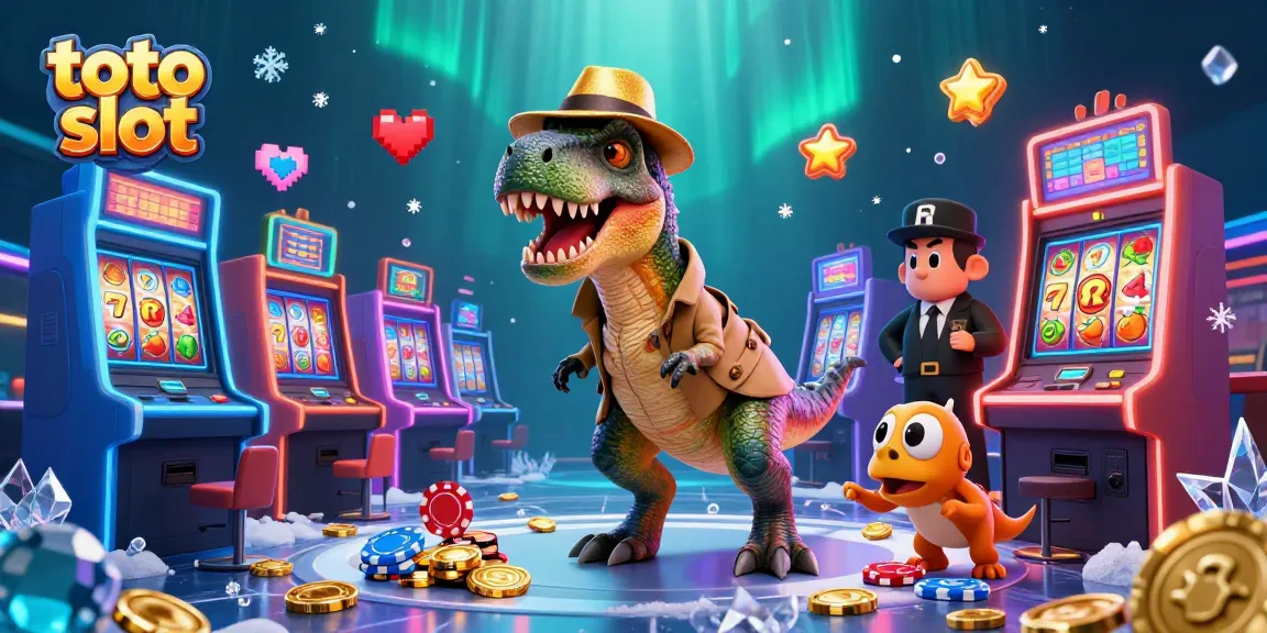 Slot toto slot menarik dengan velociraptor poker dan simbol keberuntungan, suasana kasino.
