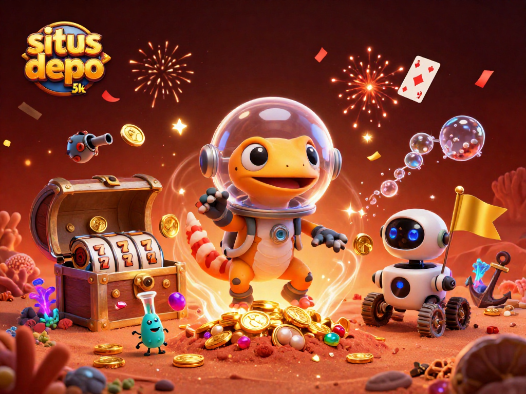 Engage with the thrilling situs depo 5k, featuring a Martian gecko and casino treasures in a vibrant 3D scene.