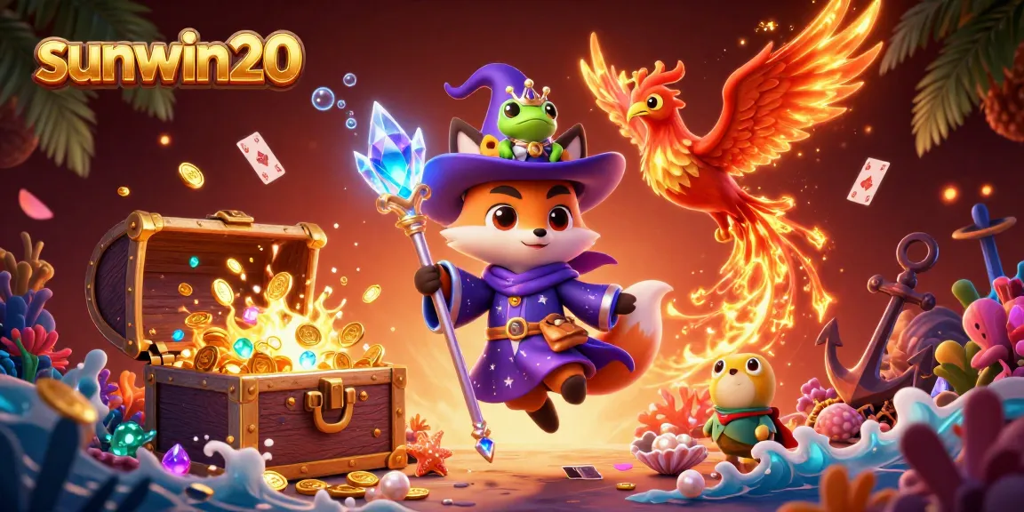 Experience the excitement of sunwin20 in a vibrant 3D casino illustration with magical characters.