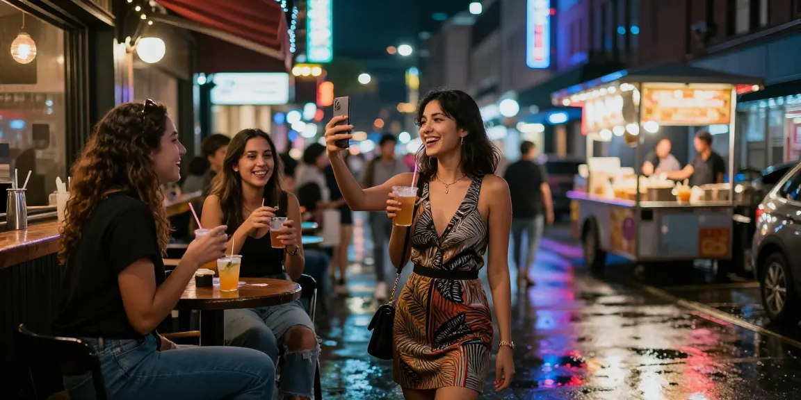 Cảnh đêm thành phố với gái gọi vui vẻ bên bạn bè, ánh đèn neon rực rỡ.