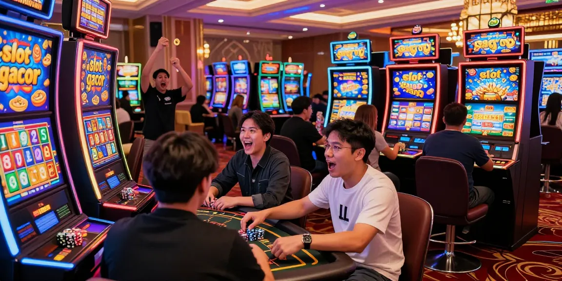 Slot gacor dengan pemain bersemangat di mesin kasino yang meriah.