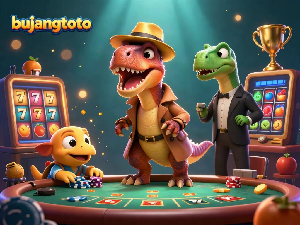 Engage in exciting gameplay with bujangtoto while a velociraptor counts cards at a bustling casino!