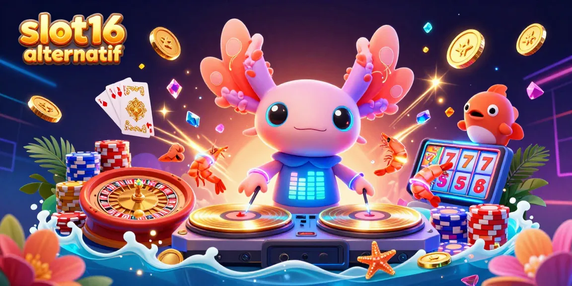 Experience the excitement of slot16 alternatif with a lively scene featuring vibrant axolotl DJ and dynamic casino elements.