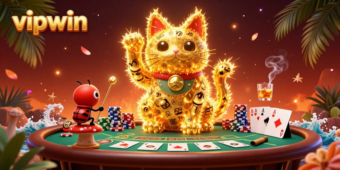 Experience thrilling gameplay at vipwin with vibrant casino elements and a lucky cat emblem.