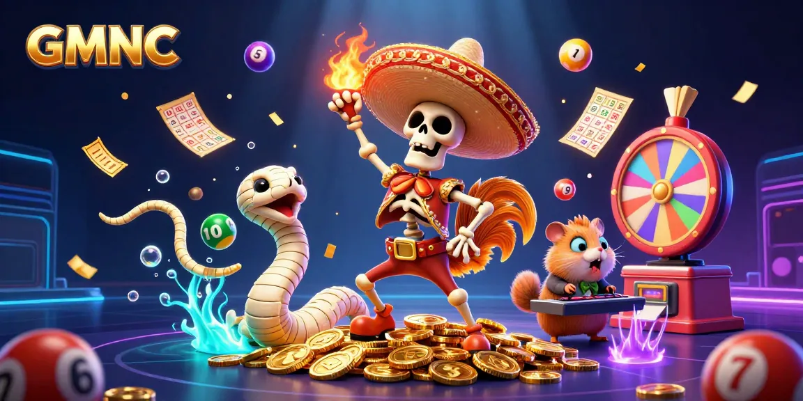 Celebrate with GMNC in a dynamic casino scene featuring the mariachi rooster, mummy snake, and DJ hamster.