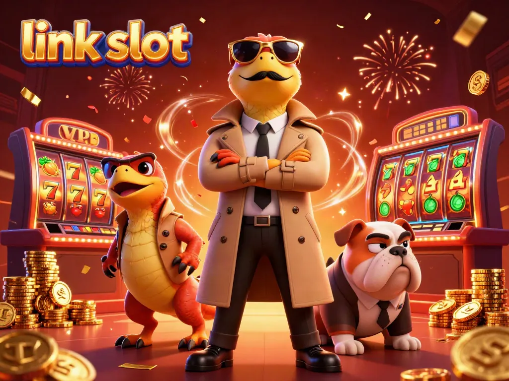 Rasakan keseruan "link slot" dengan tiga raptor dalam trench coat di casino yang penuh permainan slot.