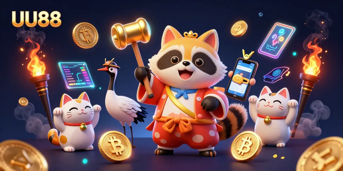 Engage in thrilling gameplay with UU88 featuring a cheerful tanuki and cryptocurrency elements