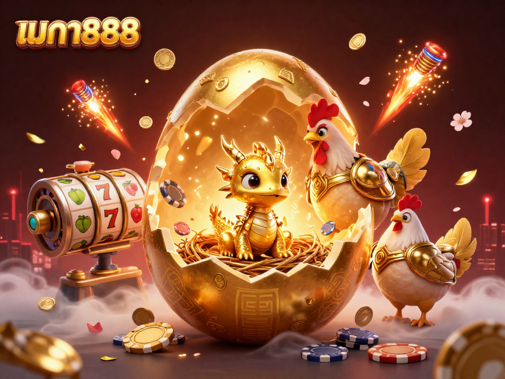 ภาพสีสันสดใสของเมก้า888 กับไข่ทองคำและมังกรทอง แจกแจงโชคลาภด้วยสล็อตที่แวววาว