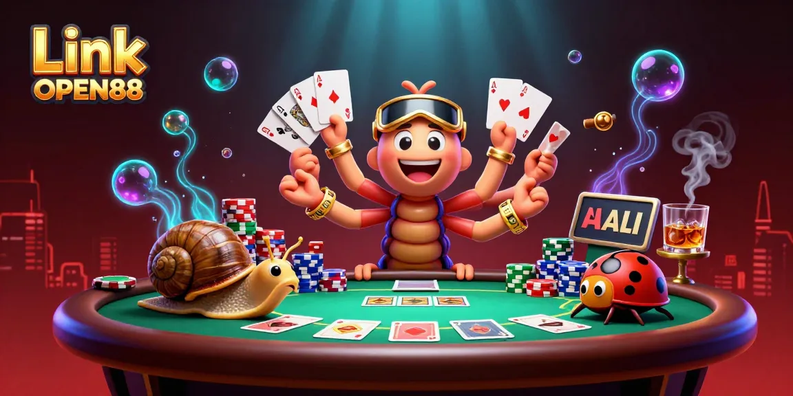 Experience the thrill of gaming with Link OPEN88 featuring a vibrant, animated casino scene.