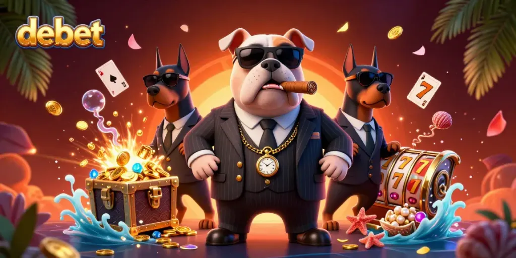 Experience thrilling casino action with debet as the mafia bulldog leads in a vibrant 3D illustration.