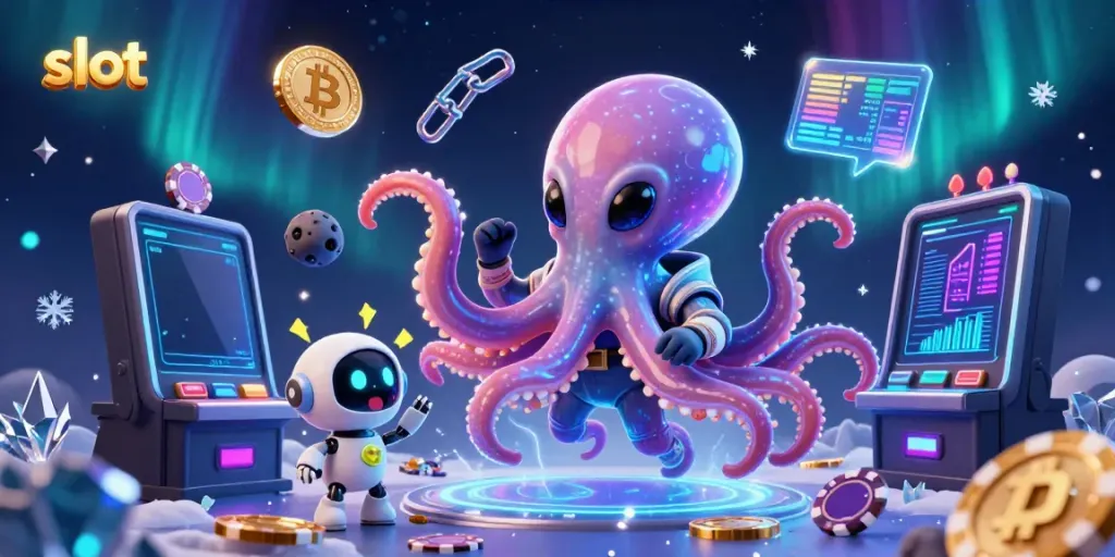 Slot video dengan alien dan robot bermain mesin slot futuristik di ruang angkasa.