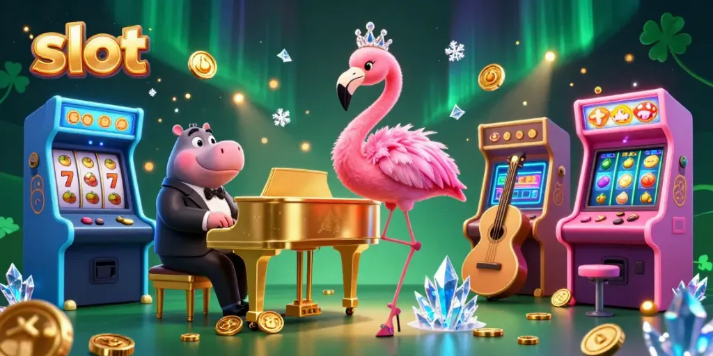 Menyaksikan slot yang bersinar dan jackpot dengan penyanyi flamingo dan bassist hippo di latar belakang.