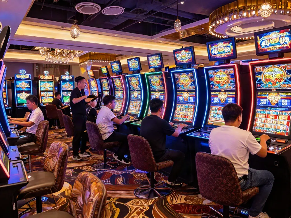 Players enjoying slot gacor machines in a lively casino atmosphere