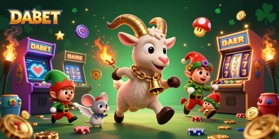 DABET's vibrant holiday-horror casino scene featuring a festive Krampus goat, angel mouse, and mischievous elf gremlins.