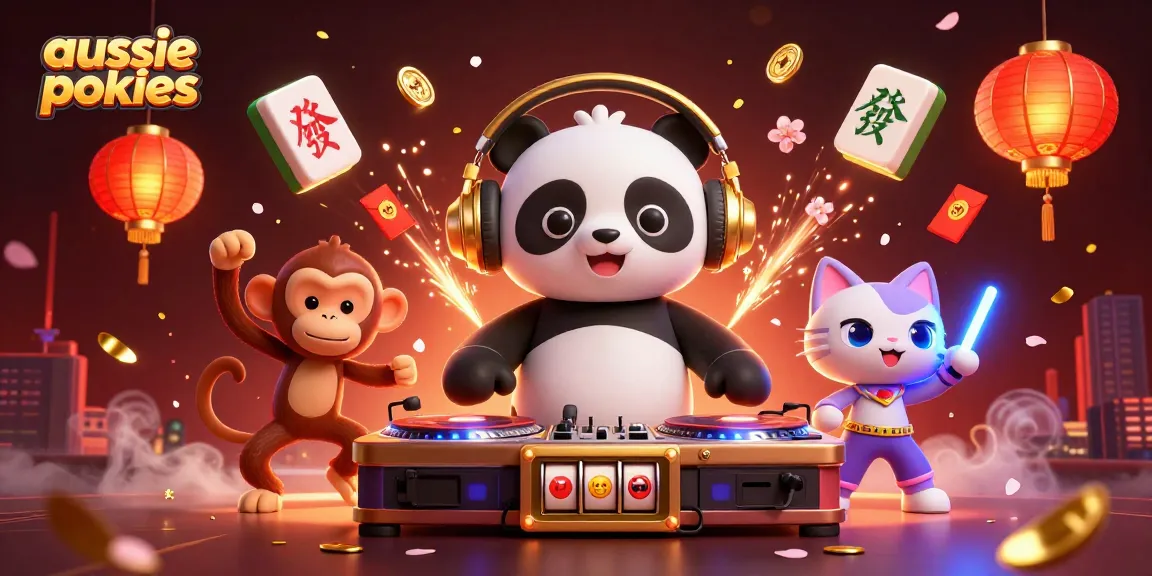 Aussie online pokies scene featuring a DJ panda, breakdancing monkey, and glow-stick kitten on dynamic slot reels.