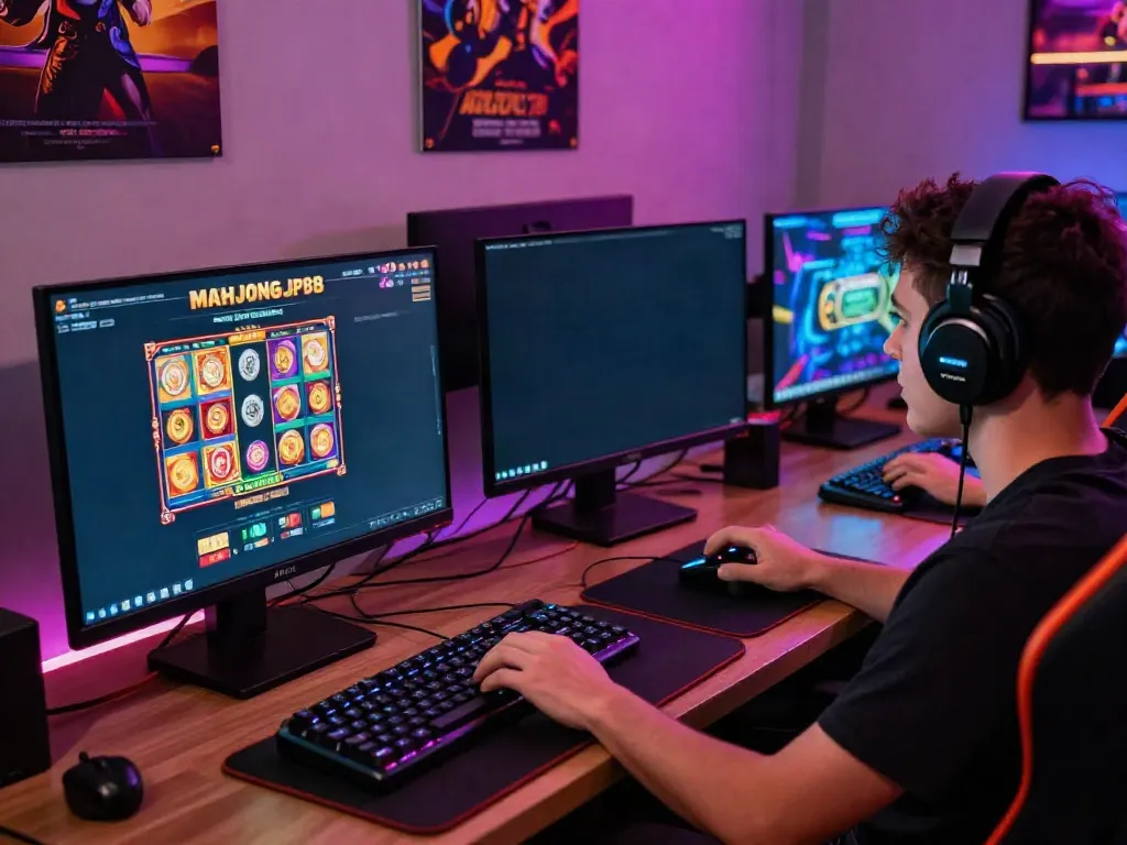 Engaged player enjoying Slot MAHJONGJP88 gaming experience in a vibrant setting.