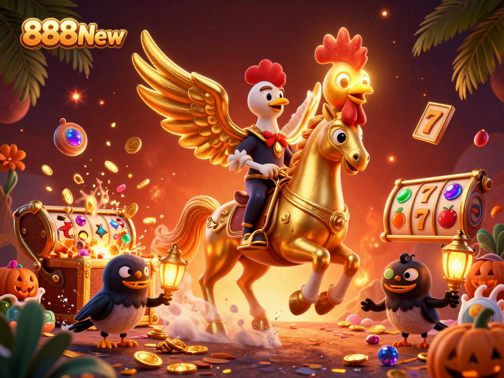 Spin the reels on 888New with vibrant casino visuals of golden rooster and treasure.