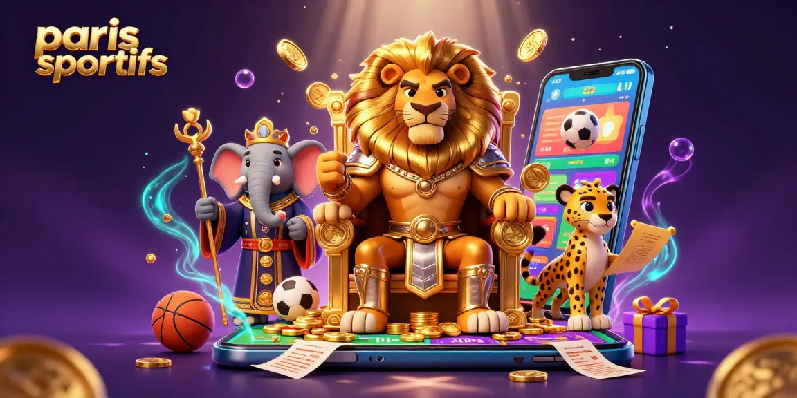 Pari sportifs passionnants autour d'un roi lion et autres personnages illustrant une scène dynamique.