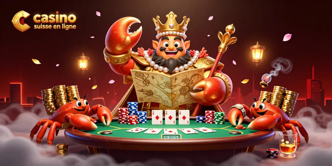 Célébrez une partie de casino suisse en ligne avec un crabe empereur et des jetons d'or.