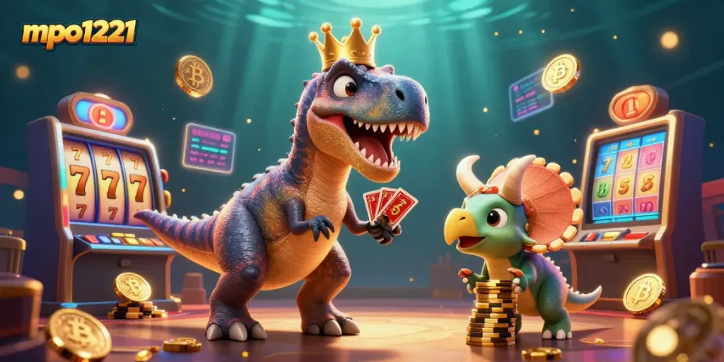 Join the fun with mpo1221 as the T-Rex plays cards, surrounded by vibrant casino elements.