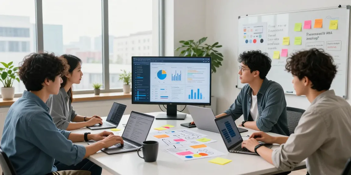 Collaborative workspace where a team builds internal tools with AI, showcasing technology and teamwork.