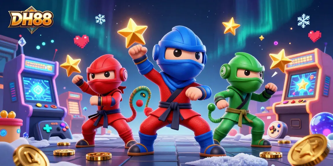 Experience thrilling casino action with DH88 featuring ninja chameleons amid vibrant game machines.