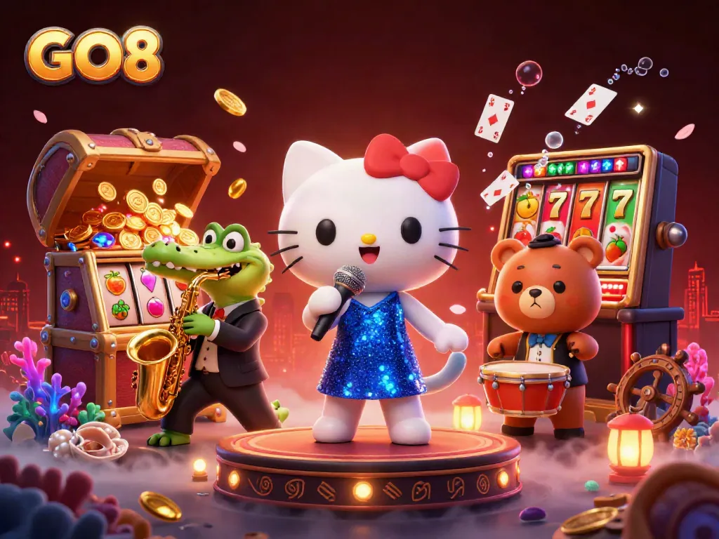 GO8 casino scene featuring a jazz-singing cat, saxophone crocodile, and drum bear among slot reels and gold coins