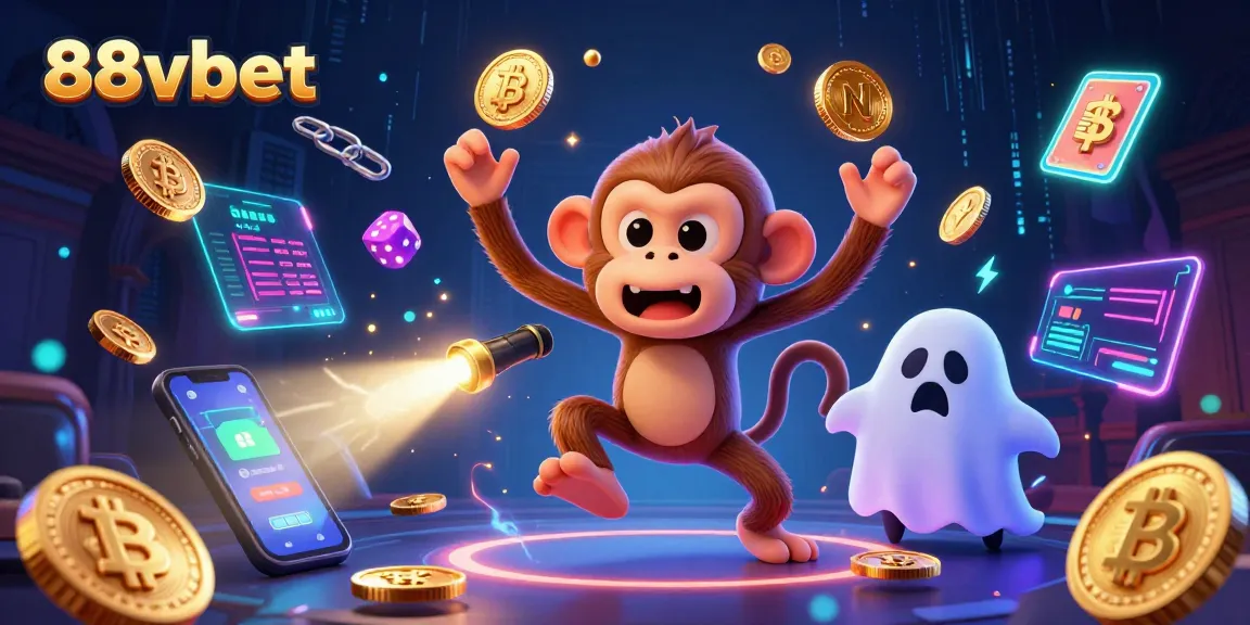 Experience the magic of 88vbet in this vibrant casino scene with golden coins and a playful ghost-hunting puppy.