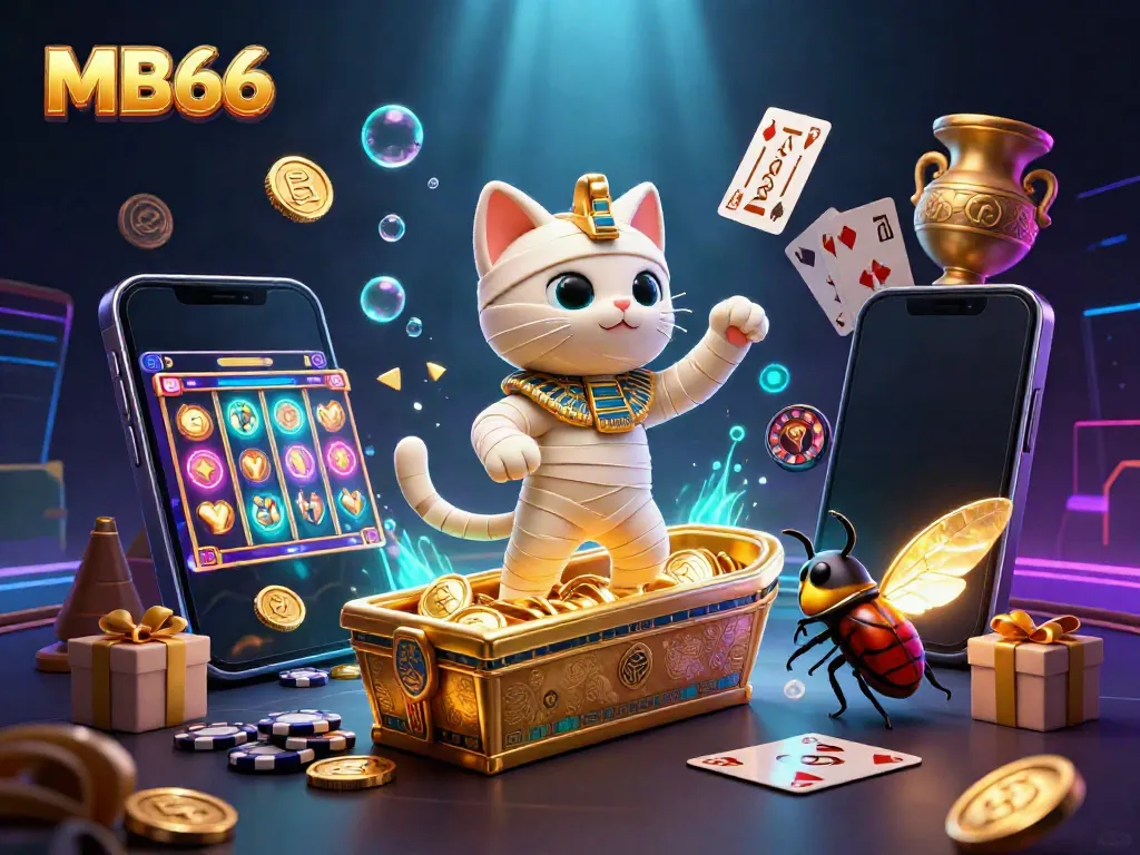 Experience thrilling slots at MB66 with a 3D cartoon mummy cat bursting from a sarcophagus, surrounded by vibrant casino elements.