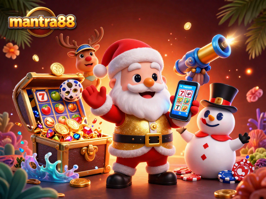Exciting mantra88 online casino illustration with Santa, his reindeer, and a snowman in a vibrant gaming scene.