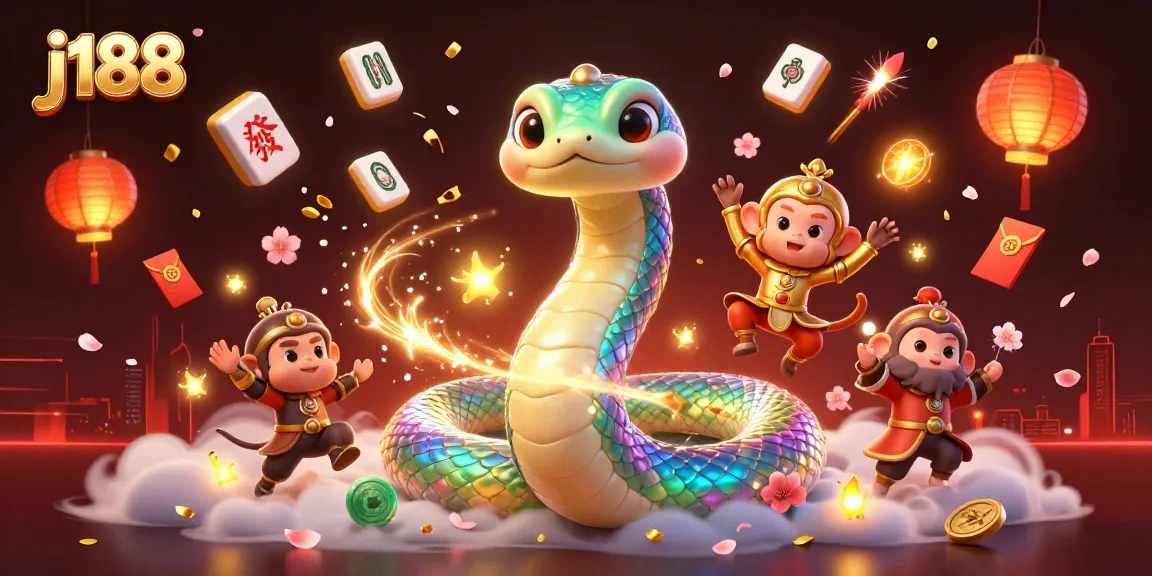Experience j188's vibrant casino scene with a rainbow serpent, fireflies, and magical game elements.