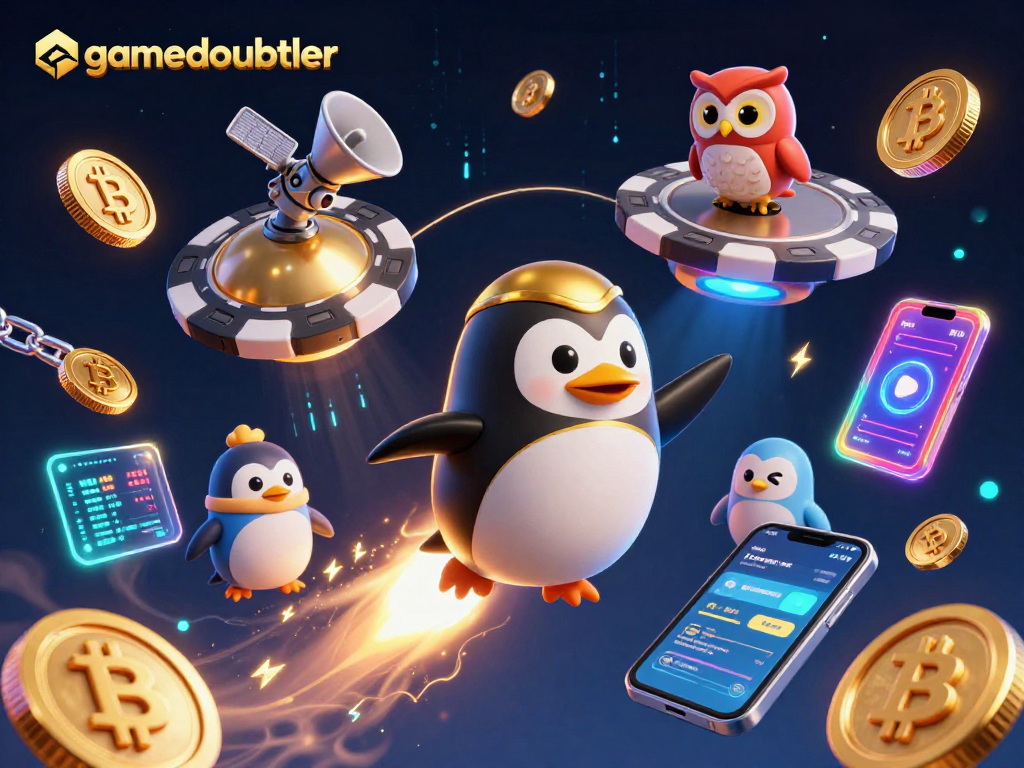 Play gamedoubler with a thrilling space-themed illustration featuring a golden penguin and crypto elements.