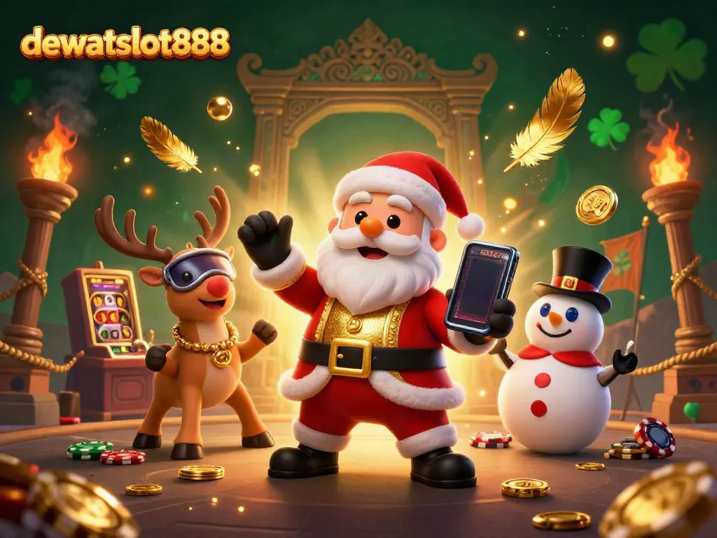 Dalam gambar ini, dewataslot888 menghadirkan Santa Claus dan teman-temannya dalam suasana kasino yang berkilauan.