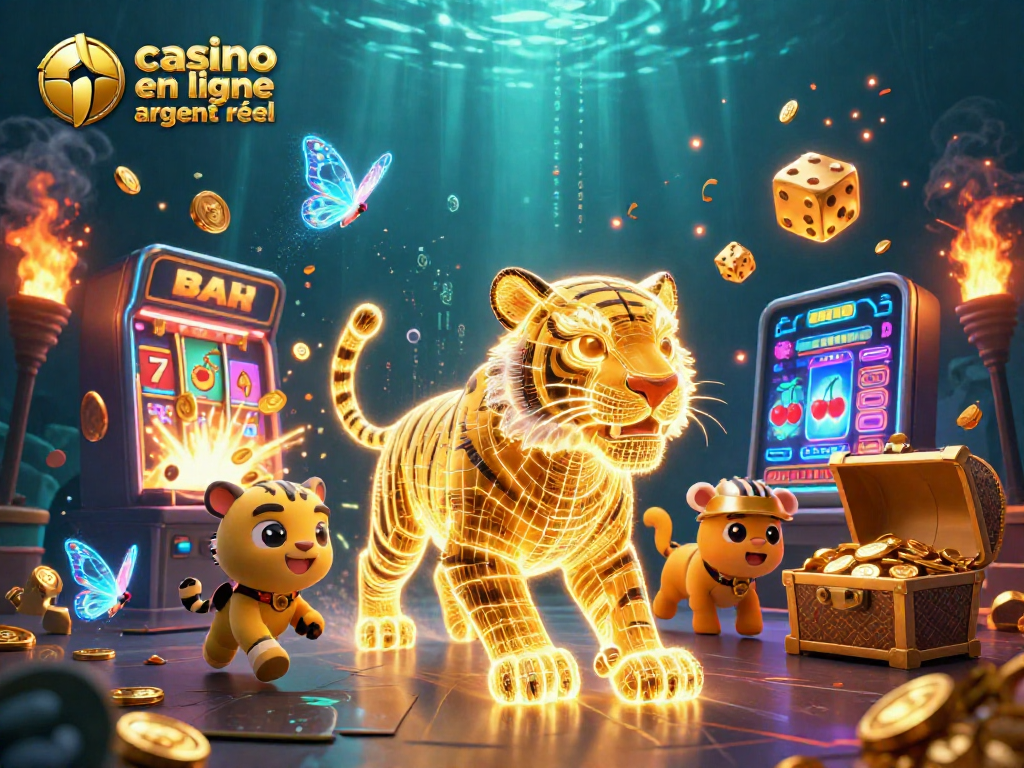 Jouez sur un jeu de casino en ligne argent réel avec un tigre lumineux et des machines à sous éclatantes.