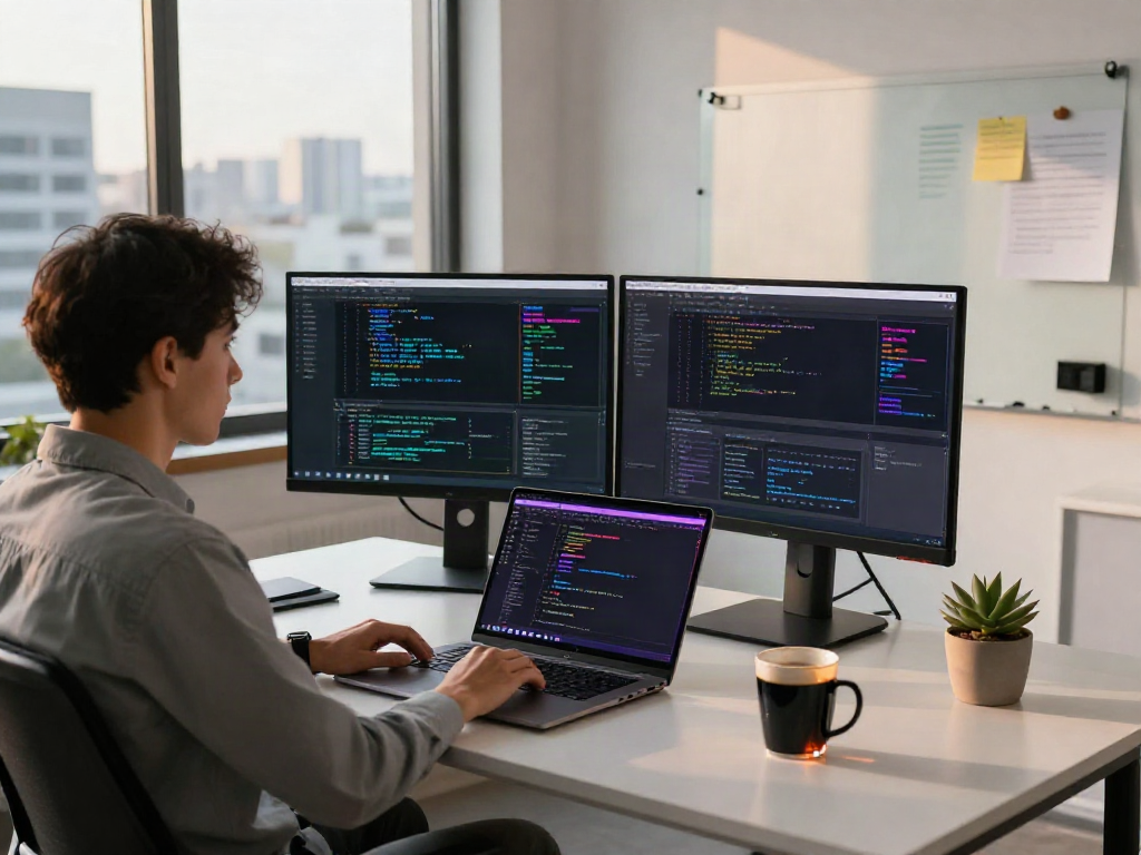 Developer using AI detector in a modern tech workspace with dual monitors and city view