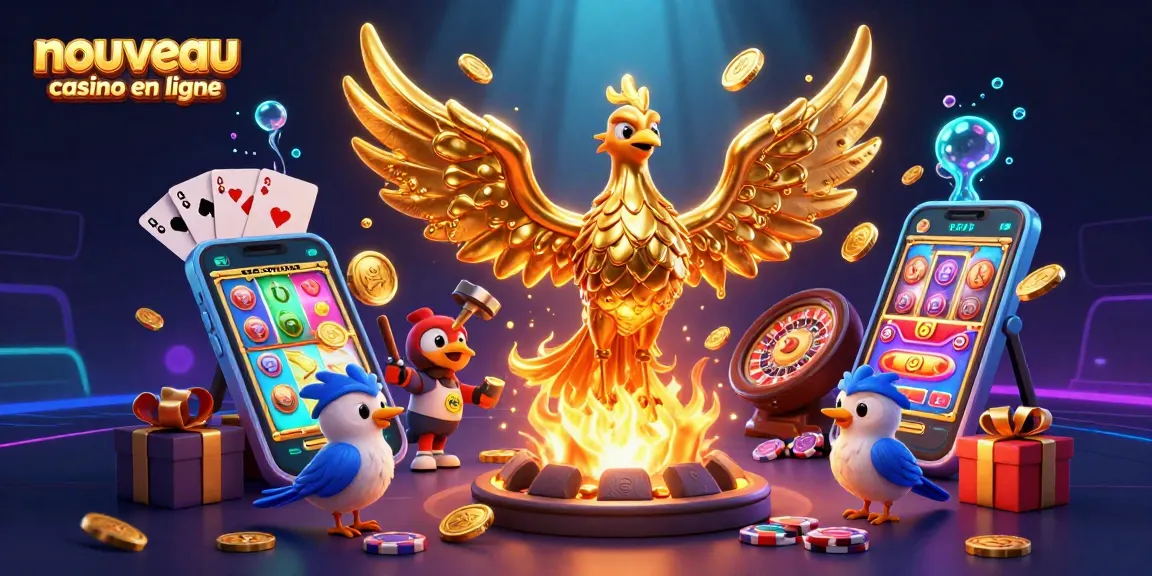 Découvrez l'illustration d'un nouveau casino en ligne avec un phénix doré et des éléments de jeu dynamique.