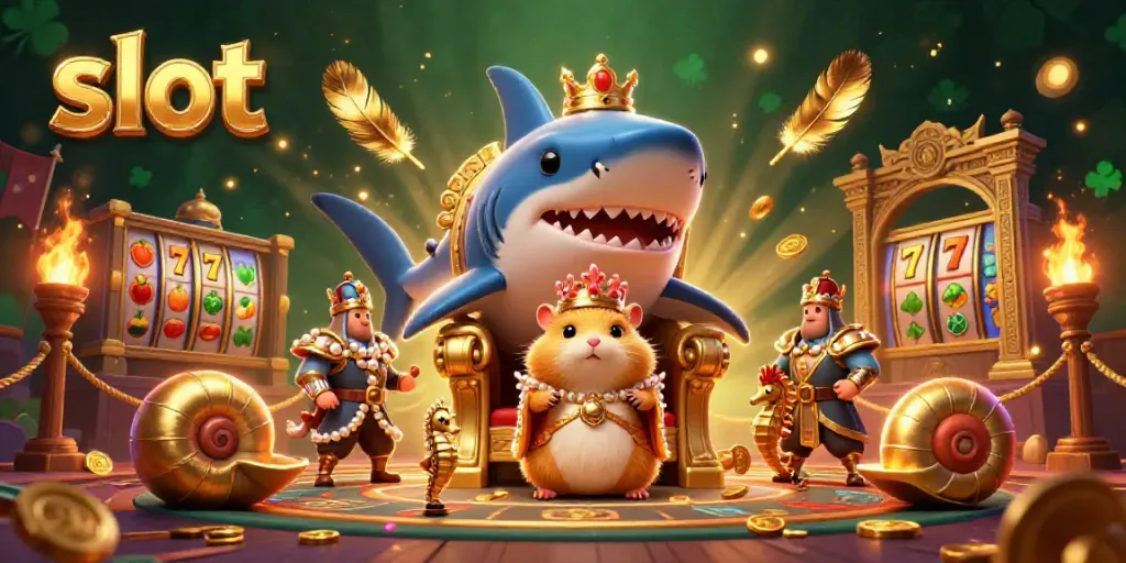 Raja hamster emas bermahkota dengan simbol slot penuh keberuntungan dan koin emas di sekitar