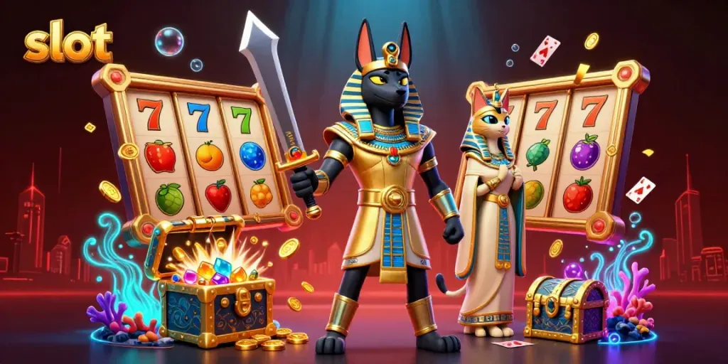 Spin the slot reels adorned with lucky symbols in a gold-themed casino scene.