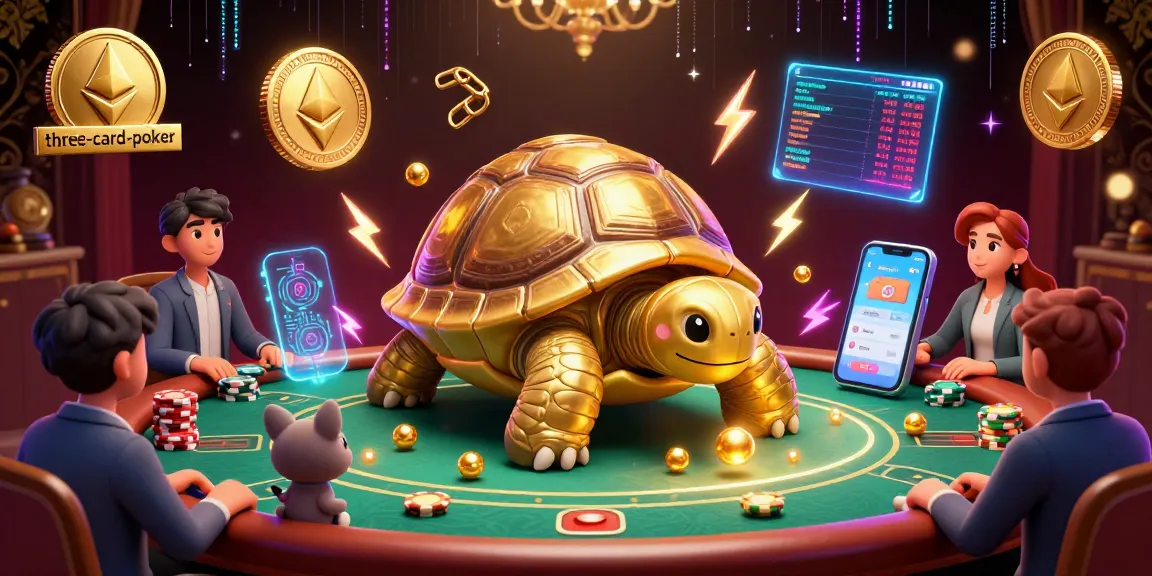 Players enjoy three-card-poker at a dynamic table with a golden tortoise-themed pinball machine.