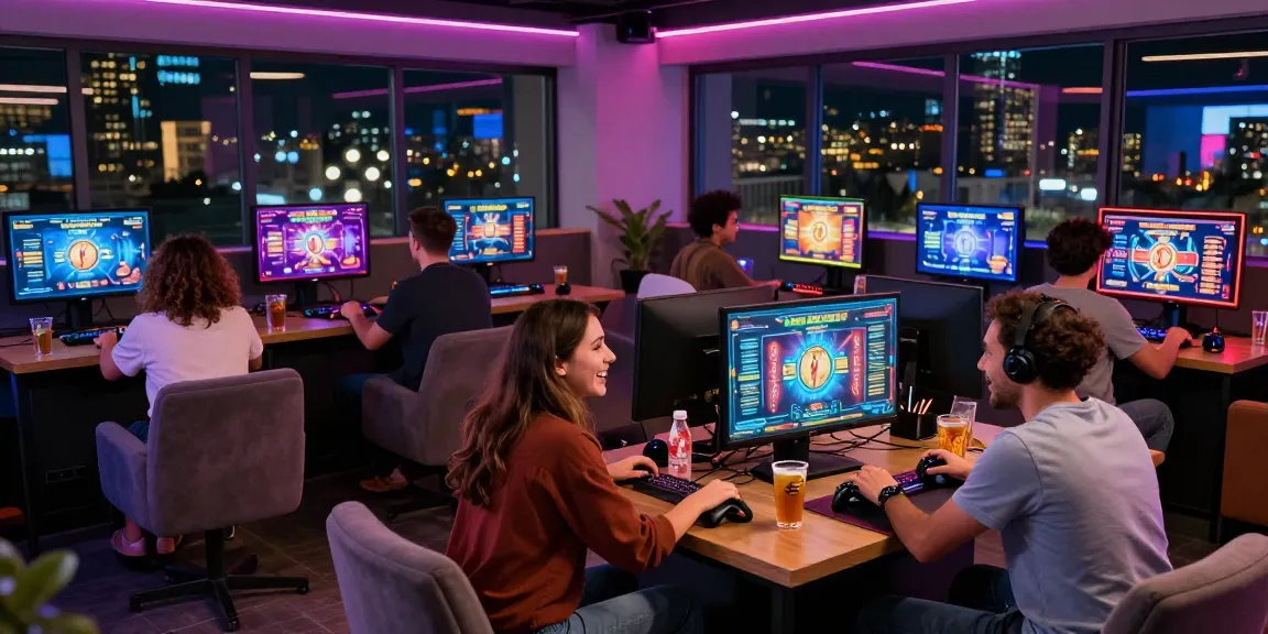Exciting gaming lounge scene featuring friends enjoying online casino games while engaging with vibrant screens, reflecting the accessibility of https://www.benmillerband.com/.