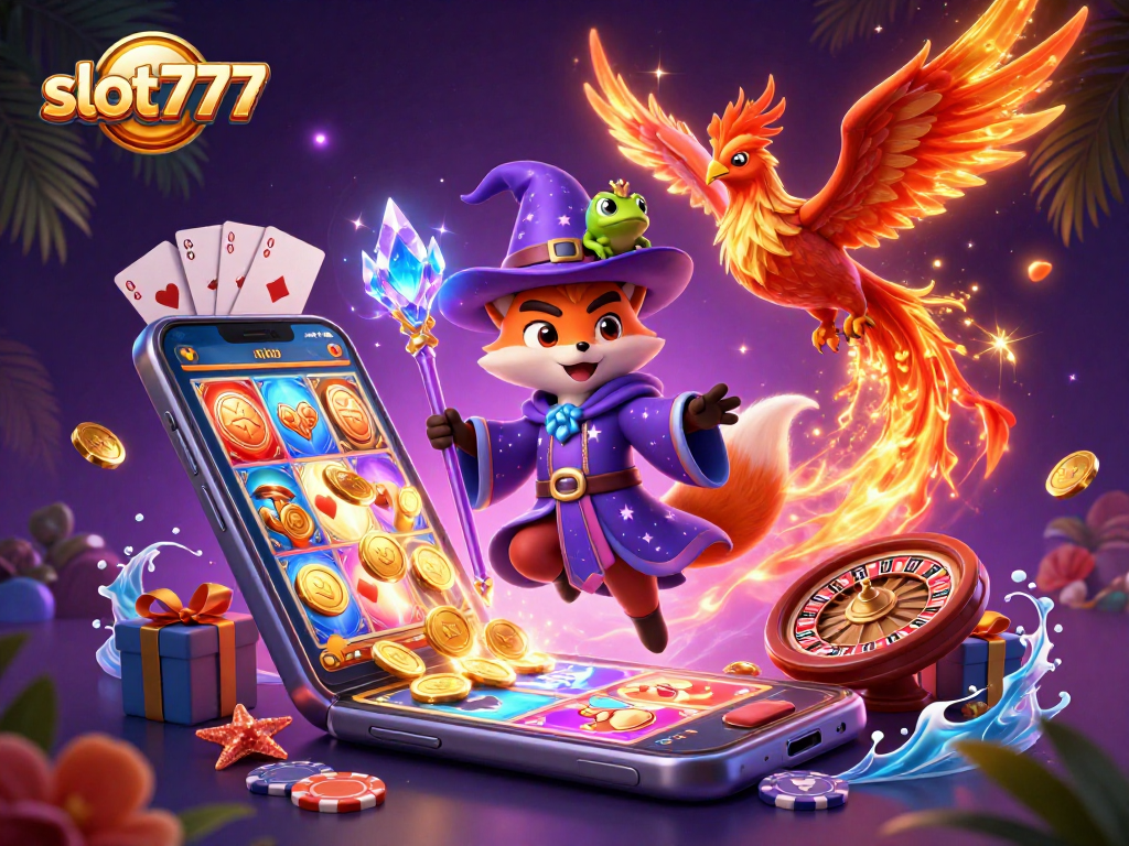 Experience thrilling gameplay at slot777 with a mystical wizard and phoenix in a vibrant casino scene.