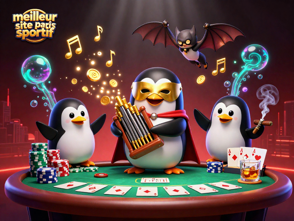 Pari passionné sur un meilleur site de paris sportif, avec un pingouin phantôme, des pièces dorées et des cartes de poker.
