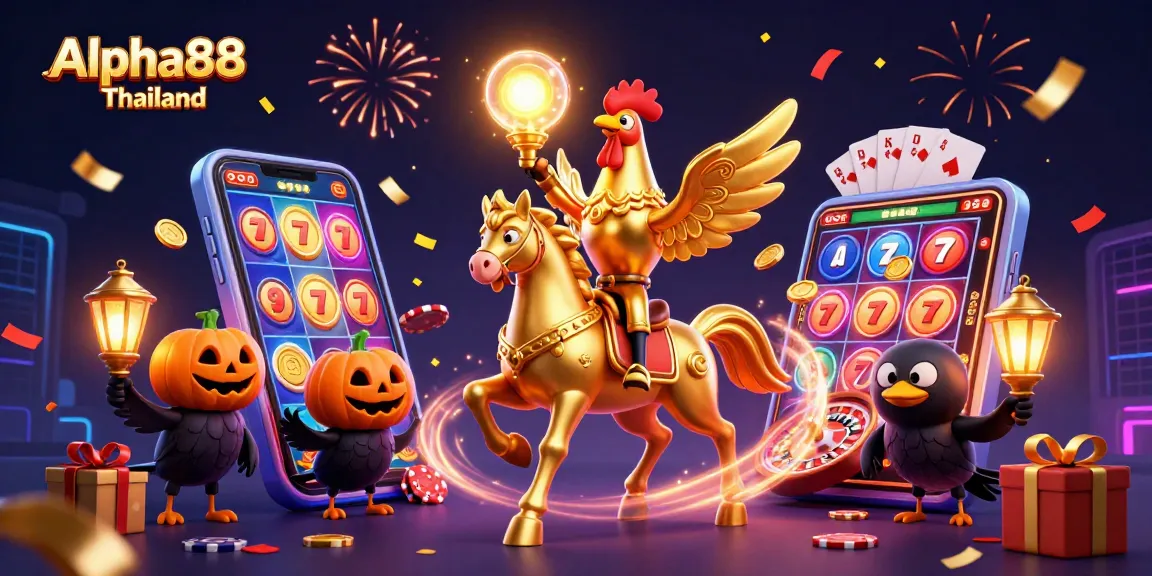 Experience the thrilling Alpha88 Thailand casino scene with a golden rooster and magical companions.