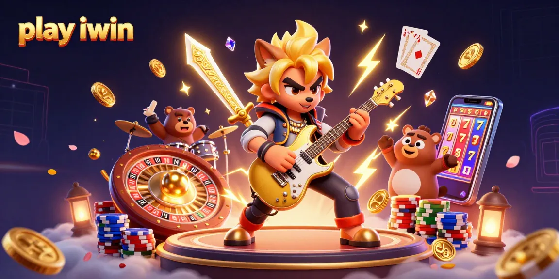 Play iwin with immersive visuals of a cartoon wolf rock star on stage at a vibrant casino