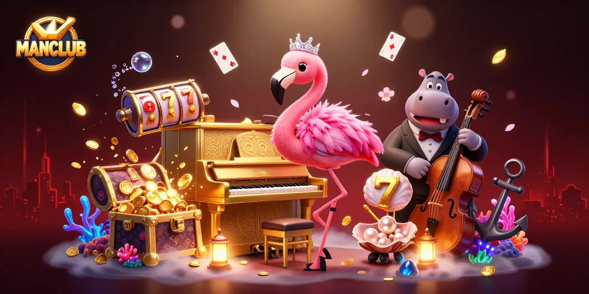 Engage in thrilling gaming at MANCLUB, showcasing vibrant 3D casino elements and dynamic characters.