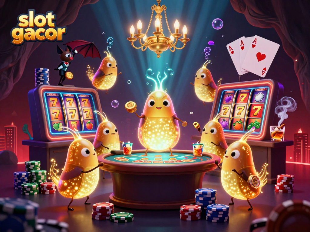 Experience the thrill of slot gacor with a dynamic casino scene filled with glowing characters and game elements.