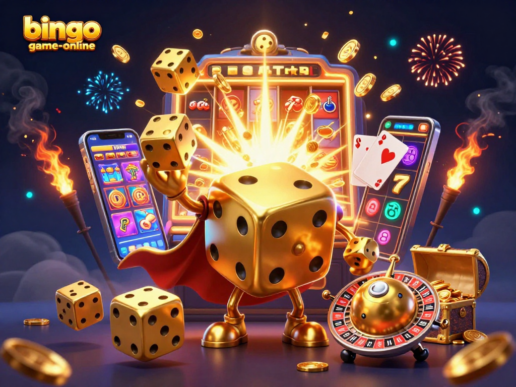 Experience jackpot thrills with bingo-game-online's vibrant 3D casino illustration featuring a dynamic golden dice and slot machine.